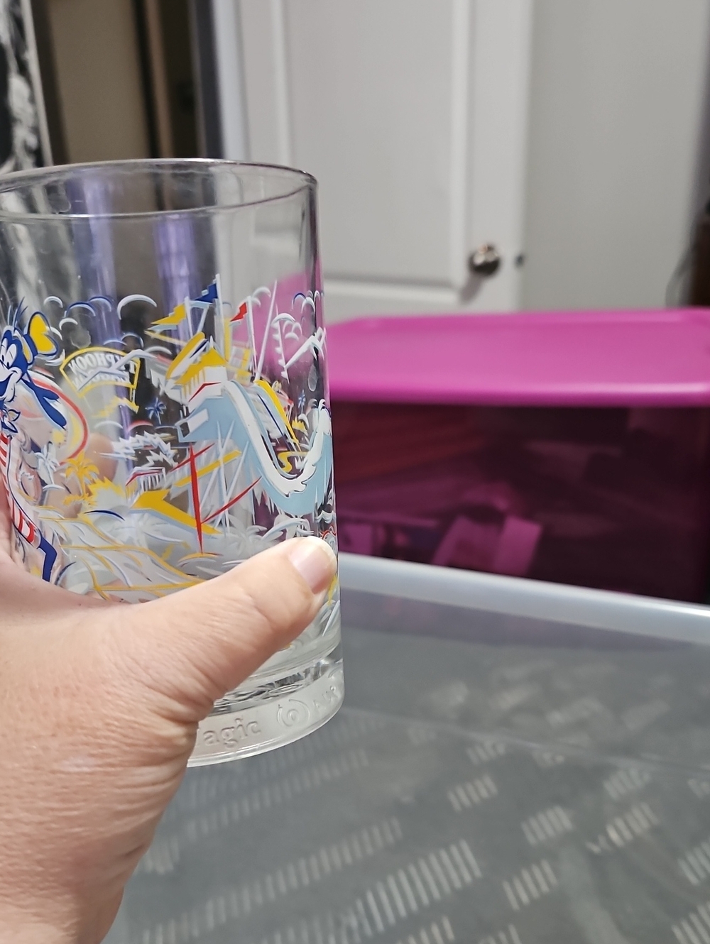 Disney Clear Glass Tumbler with White, Blue and Yellow Graphics
